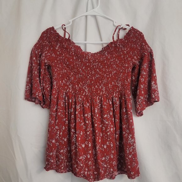 Rue 21 Women's Large Off-Shoulder Red Floral Stretchy Boho Blouse - Picture 3 of 6